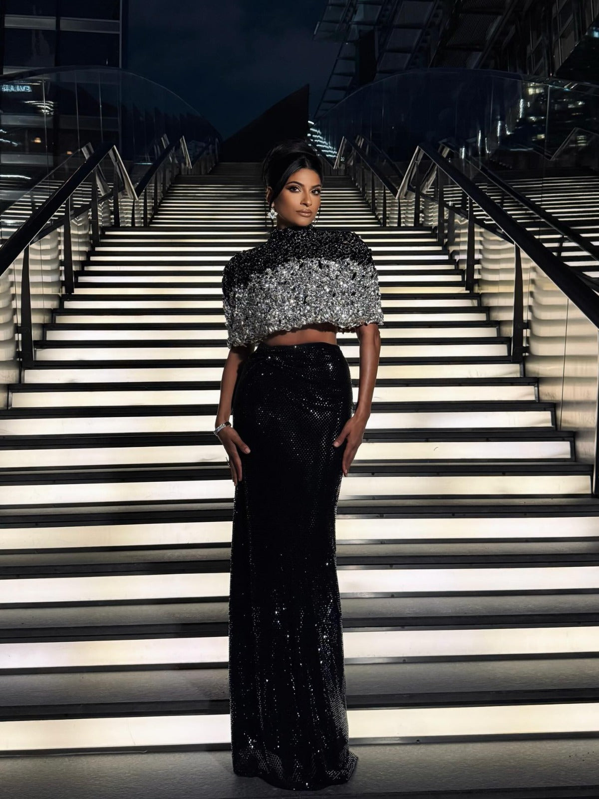 Dodona Moments: crystal cape with black sequin maxi skirt
